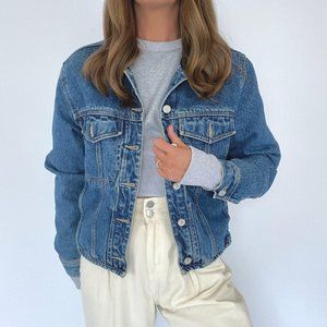 Vintage Denim Jacket with Faux Leather Collar